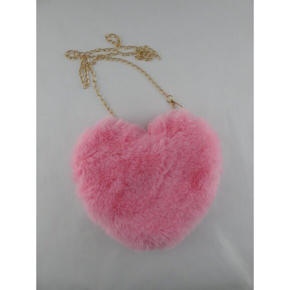 Bagz Handbags - Pink Faux Fur Heart Purse Crossbody Bag Gold Chain Zipper Closure Valentines